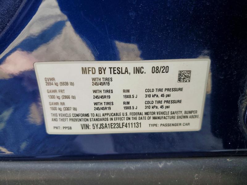 Продаж на аукціоні авто 2020 Tesla Model S, vin: 5YJSA1E23LF411131, номер лоту: 49063086