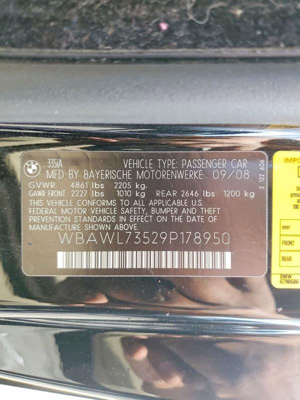 2009 Bmw 335 მანქანა იყიდება აუქციონზე, vin: WBAWL73529P178950, აუქციონის ნომერი: 50360436
