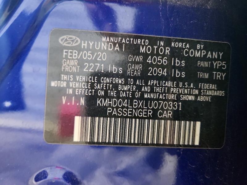 51507446 :رقم المزاد ، KMHD04LBXLU070331 vin ، 2020 Hyundai Elantra مزاد بيع