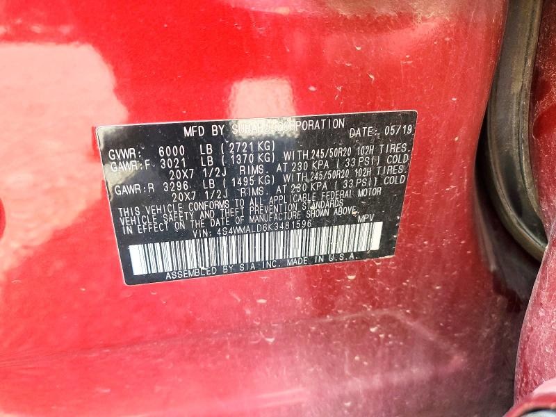 2019 Subaru Ascent მანქანა იყიდება აუქციონზე, vin: 4S4WMALD6K3481596, აუქციონის ნომერი: 51105516