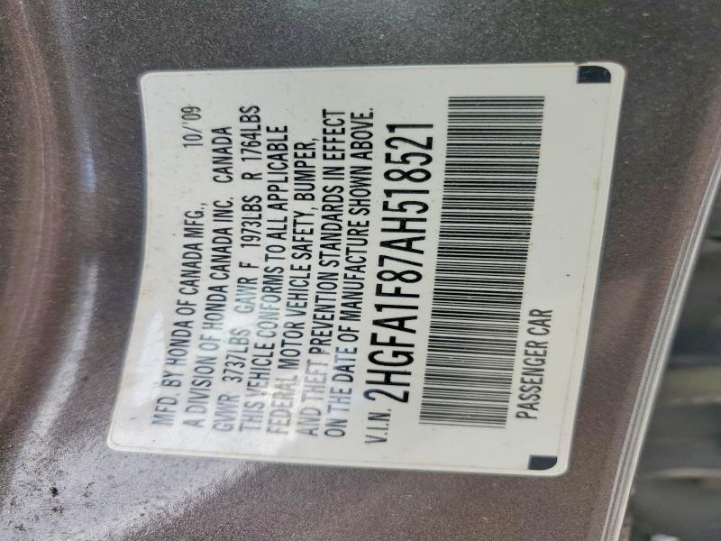 2010 Honda Civic მანქანა იყიდება აუქციონზე, vin: 2HGFA1F87AH518521, აუქციონის ნომერი: 50349416