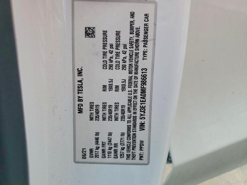2021 Tesla Model 3 მანქანა იყიდება აუქციონზე, vin: 5YJ3E1EA0MF986613, აუქციონის ნომერი: 50416856