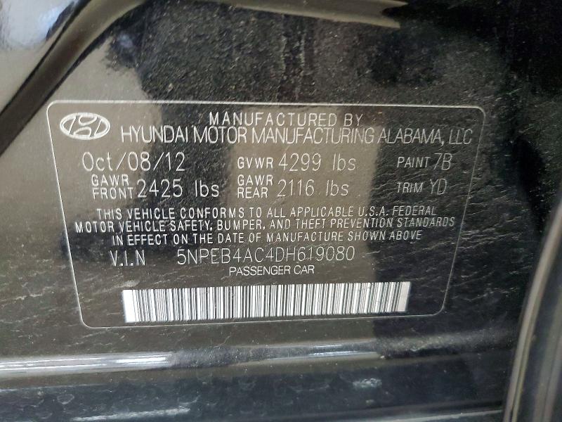 49598386 :رقم المزاد ، 5NPEB4AC4DH619080 vin ، 2013 Hyundai Sonata مزاد بيع