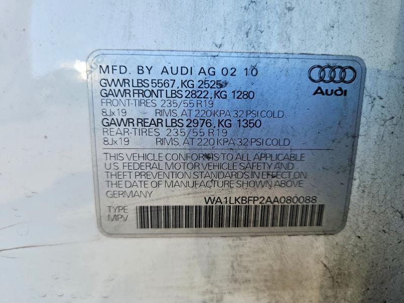 2010 Audi Q5 მანქანა იყიდება აუქციონზე, vin: WA1LKBFP2AA080088, აუქციონის ნომერი: 48701236
