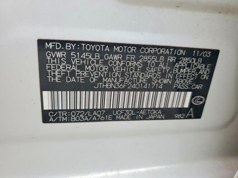 2004 Lexus Ls 430 მანქანა იყიდება აუქციონზე, vin: JTHBN36F240141714, აუქციონის ნომერი: 49030456