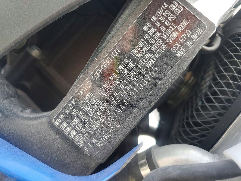 Aukcja sprzedaży 2015 Suzuki Gsx-r750, vin: JS1GR7MA4F2100965, numer aukcji: 48330896