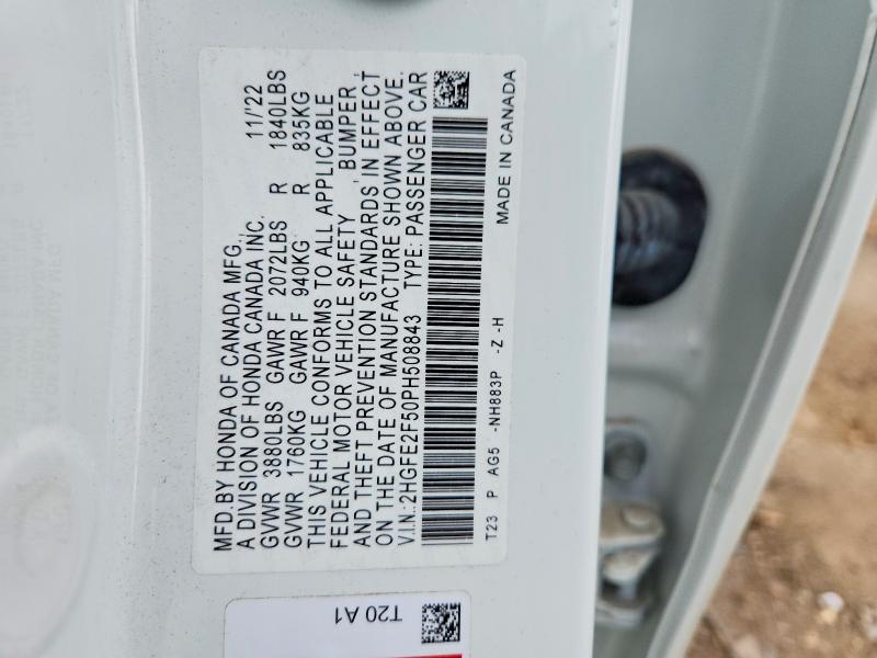 Продаж на аукціоні авто 2023 Honda Civic, vin: 2HGFE2F50PH508843, номер лоту: 50406706