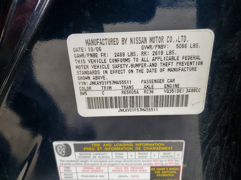 Aukcja sprzedaży 2007 Infiniti M35, vin: JNKAY01F57M455511, numer aukcji: 50088236