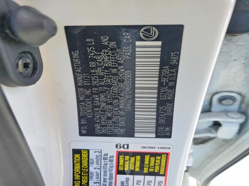 2021 Lexus Es 350 მანქანა იყიდება აუქციონზე, vin: 58AGZ1B12MU092909, აუქციონის ნომერი: 49905816