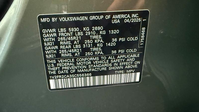 2025 Volkswagen Atlas მანქანა იყიდება აუქციონზე, vin: 1V2FR2CA3SC556366, აუქციონის ნომერი: 52222986