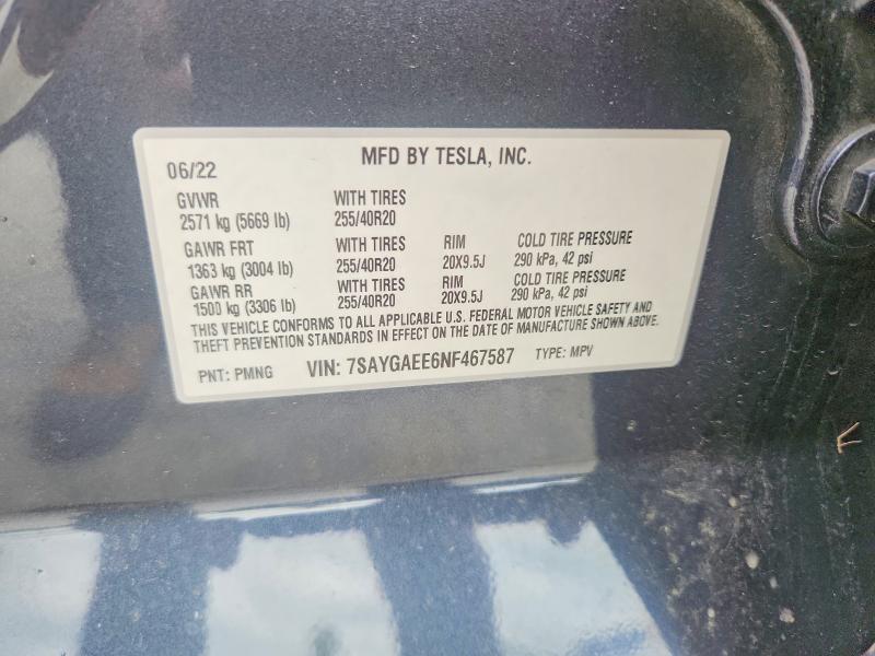 2022 Tesla Model Y მანქანა იყიდება აუქციონზე, vin: 7SAYGAEE6NF467587, აუქციონის ნომერი: 51250186