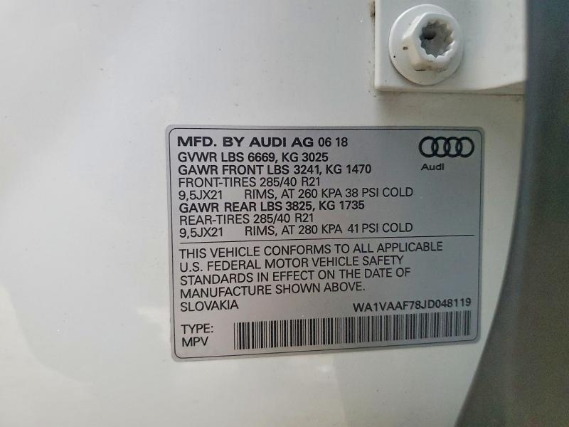 2018 Audi Q7 მანქანა იყიდება აუქციონზე, vin: WA1VAAF78JD048119, აუქციონის ნომერი: 50333146