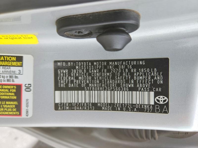 Продаж на аукціоні авто 2016 Toyota Corolla, vin: 5YFBURHE2GP566386, номер лоту: 50495586