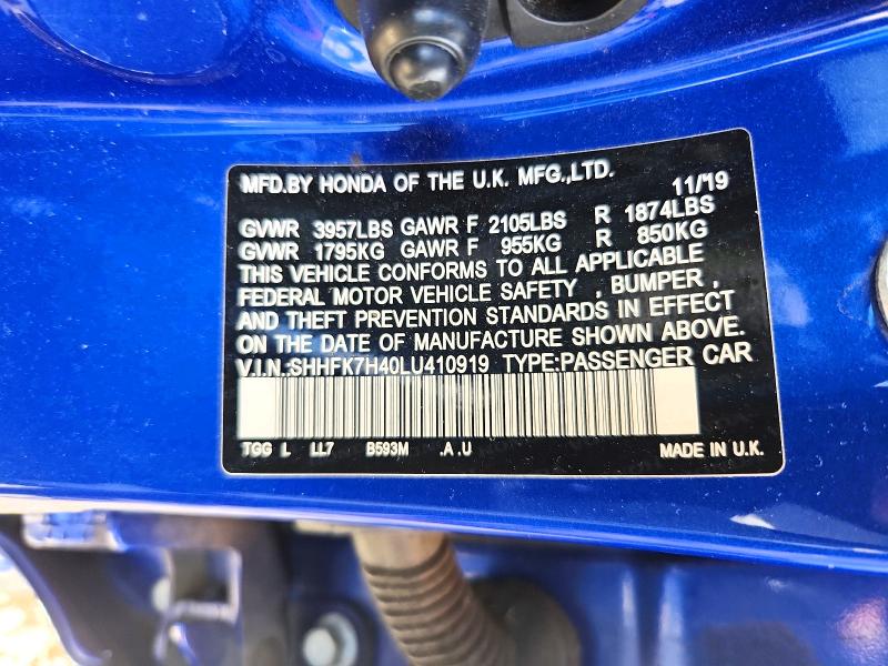 50684486 :رقم المزاد ، SHHFK7H40LU410919 vin ، 2020 Honda Civic مزاد بيع