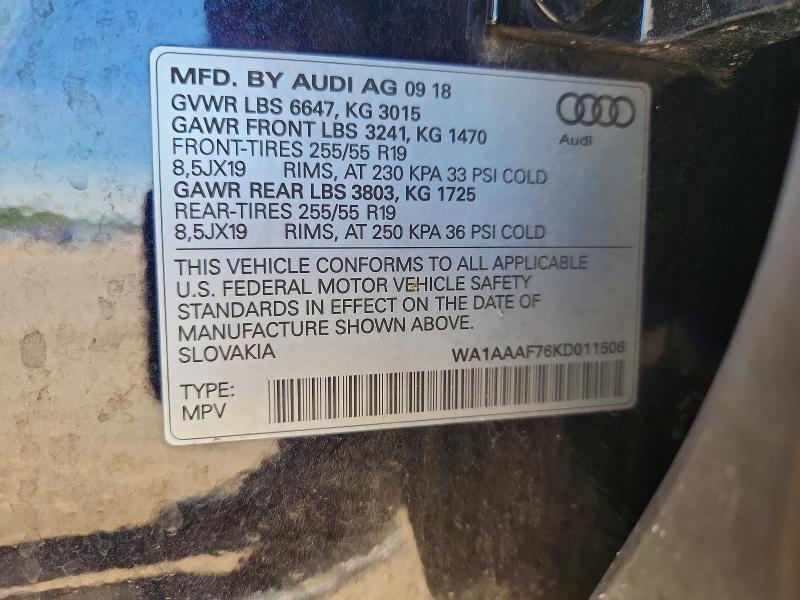 2019 Audi Q7 მანქანა იყიდება აუქციონზე, vin: WA1AAAF76KD011506, აუქციონის ნომერი: 48824146