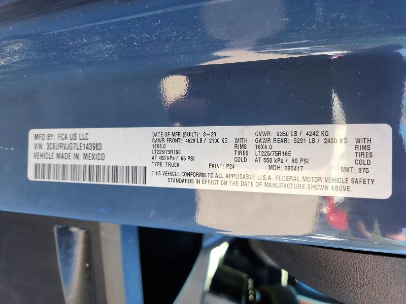 2020 Ram Promaster 3500 მანქანა იყიდება აუქციონზე, vin: 3C6URVJG7LE143983, აუქციონის ნომერი: 47875256