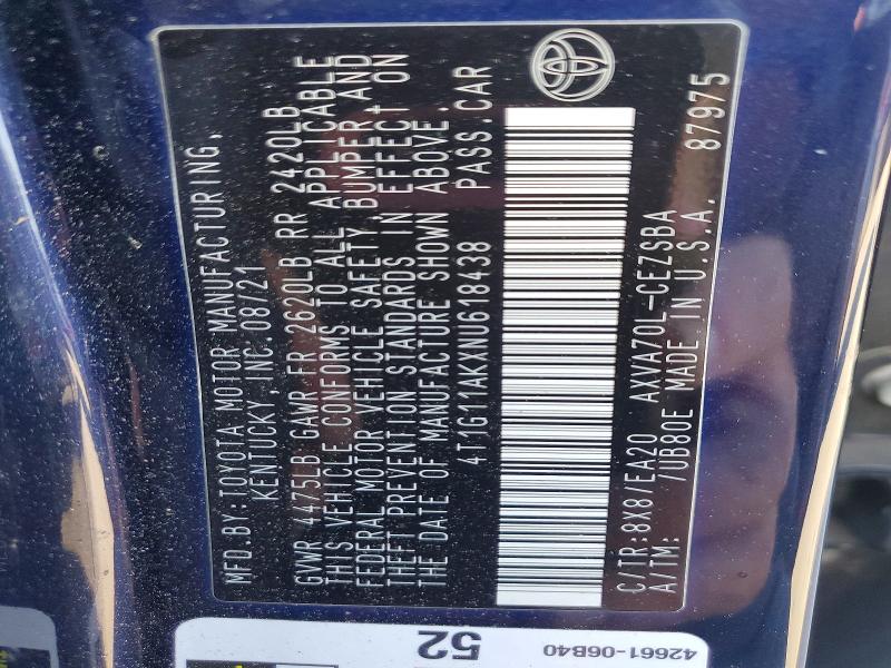 Aukcja sprzedaży 2022 Toyota Camry, vin: 4T1G11AKXNU618438, numer aukcji: 50628756