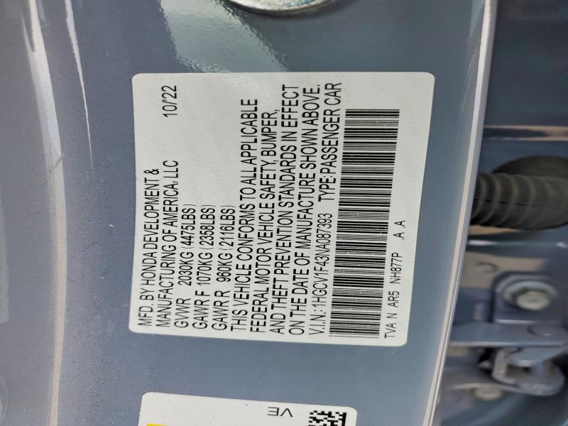 48937266 :رقم المزاد ، 1HGCV1F43NA087393 vin ، 2022 Honda Accord مزاد بيع