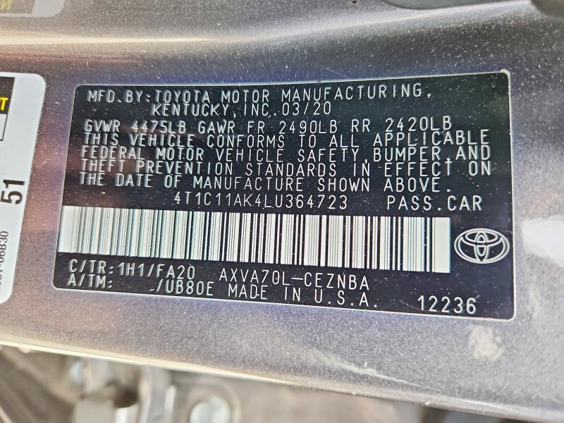 Продажа на аукционе авто 2020 Toyota Camry, vin: 4T1C11AK4LU364723, номер лота: 50532756