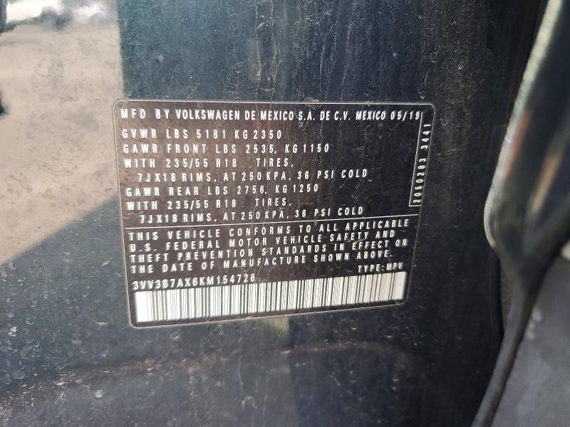 2019 Volkswagen Tiguan მანქანა იყიდება აუქციონზე, vin: 3VV3B7AX6KM154726, აუქციონის ნომერი: 48634256