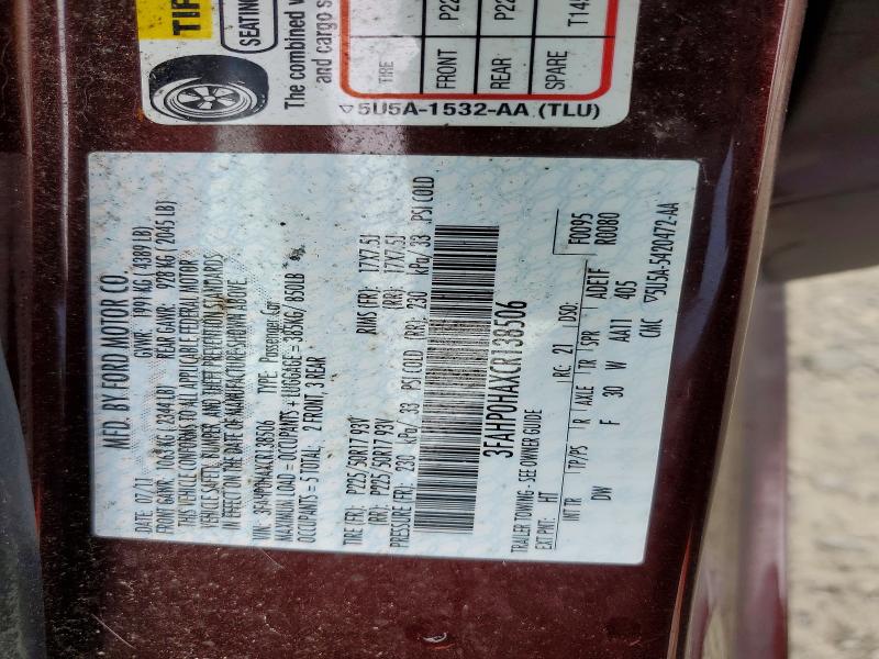Aukcja sprzedaży 2012 Ford Fusion, vin: 3FAHP0HAXCR138506, numer aukcji: 48771246