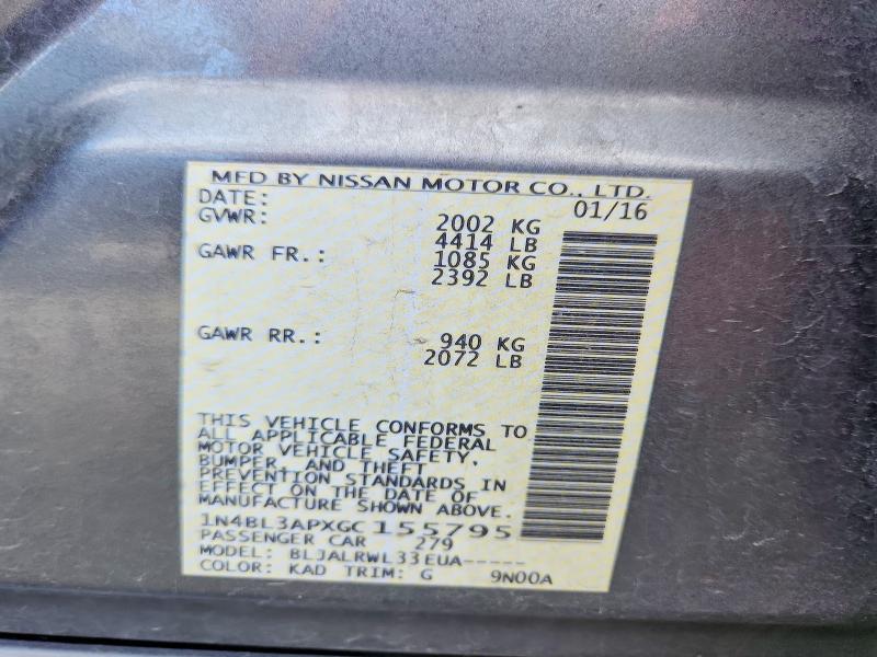 2016 Nissan Altima მანქანა იყიდება აუქციონზე, vin: 1N4BL3APXGC155795, აუქციონის ნომერი: 50292736