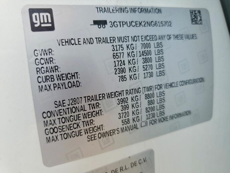 49893446 :رقم المزاد ، 3GTPUCEK2NG615702 vin ، 2022 Gmc Sierra مزاد بيع