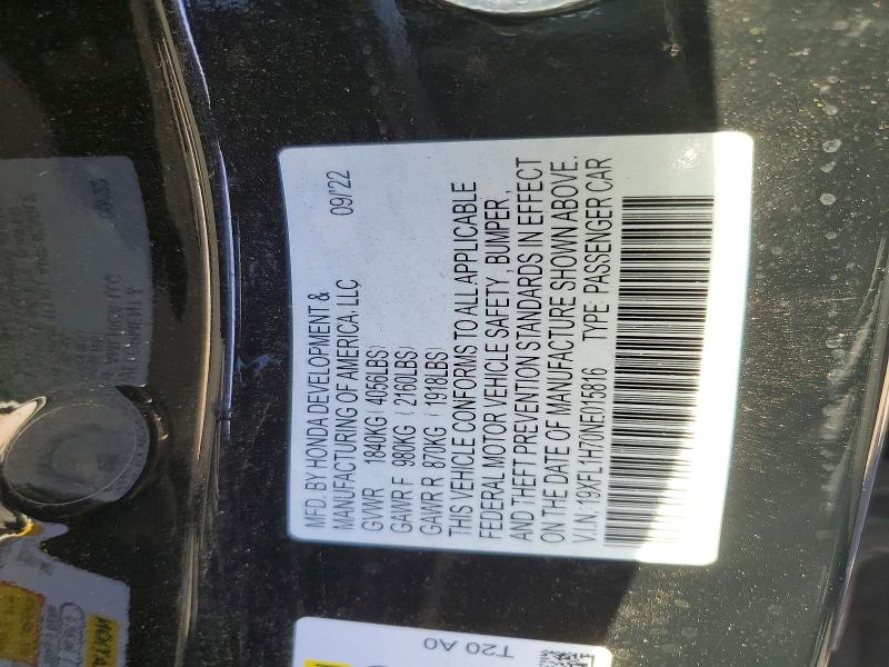Aukcja sprzedaży 2022 Honda Civic, vin: 19XFL1H70NE015816, numer aukcji: 48308106