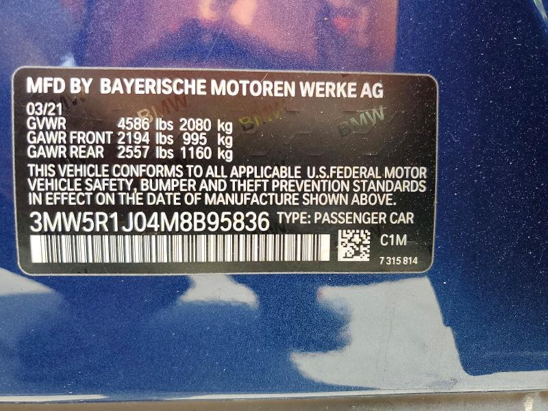 Aukcja sprzedaży 2021 Bmw 330i, vin: 3MW5R1J04M8B95836, numer aukcji: 50108346