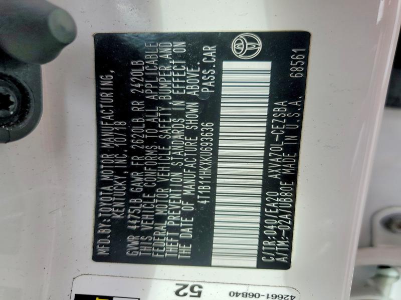 48442146 :رقم المزاد ، 4T1B11HKXKU693636 vin ، 2019 Toyota Camry مزاد بيع
