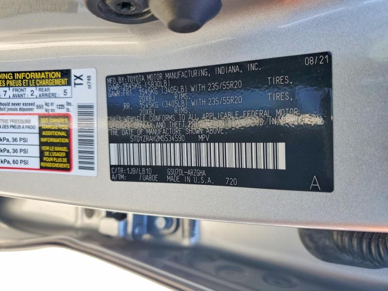 2021 Toyota Highlander მანქანა იყიდება აუქციონზე, vin: 5TDYZRAH2MS534590, აუქციონის ნომერი: 51297806