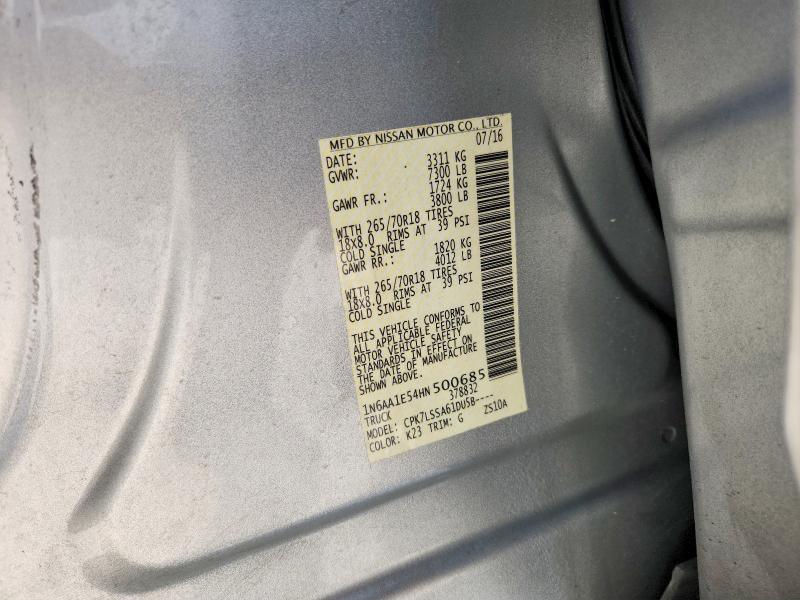 2017 Nissan Titan მანქანა იყიდება აუქციონზე, vin: 1N6AA1E54HN500685, აუქციონის ნომერი: 49502726