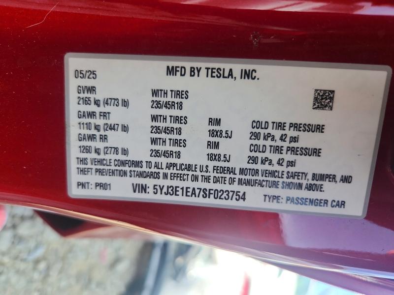 Продажа на аукционе авто 2025 Tesla Model 3, vin: 5YJ3E1EA7SF023754, номер лота: 49408726