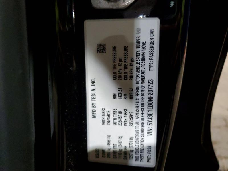 2022 Tesla Model 3 მანქანა იყიდება აუქციონზე, vin: 5YJ3E1EB0NF207723, აუქციონის ნომერი: 48684686
