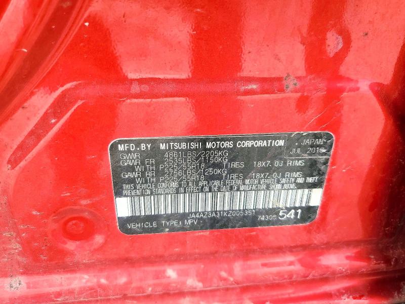 51708046 :رقم المزاد ، JA4AZ3A31KZ005351 vin ، 2019 Mitsubishi Outlander مزاد بيع