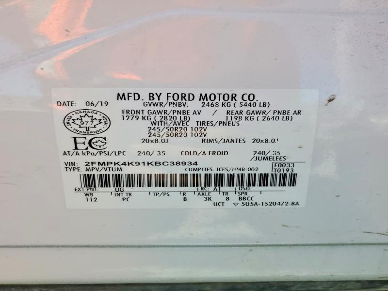 51653696 :رقم المزاد ، 2FMPK4K91KBC38934 vin ، 2019 Ford Edge مزاد بيع