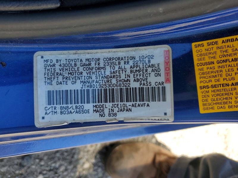 50430706 :رقم المزاد ، JTHBD192530068322 vin ، 2003 Lexus Is مزاد بيع
