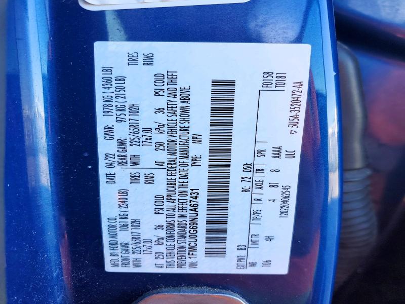 53659866 :رقم المزاد ، 1FMCU0G69NUA67431 vin ، 2022 Ford Escape مزاد بيع
