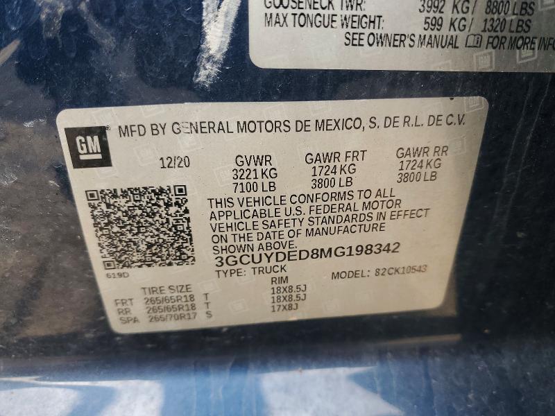 Продажа на аукционе авто 2021 Chevrolet Silverado, vin: 3GCUYDED8MG198342, номер лота: 51324606