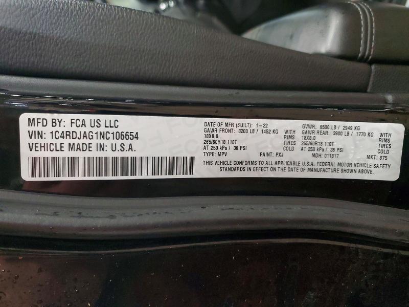 Aukcja sprzedaży 2022 Dodge Durango, vin: 1C4RDJAG1NC106654, numer aukcji: 51419476