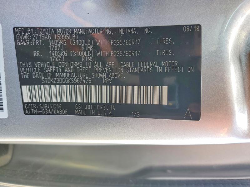 Aukcja sprzedaży 2019 Toyota Sienna, vin: 5TDKZ3DC6KS967426, numer aukcji: 51208506