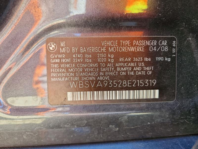 Продаж на аукціоні авто 2008 Bmw M3, vin: WBSVA93528E215319, номер лоту: 51887986