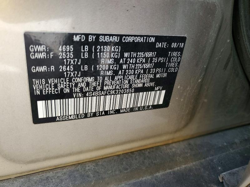 2019 Subaru Outback მანქანა იყიდება აუქციონზე, vin: 4S4BSAFC9K3203850, აუქციონის ნომერი: 49376936
