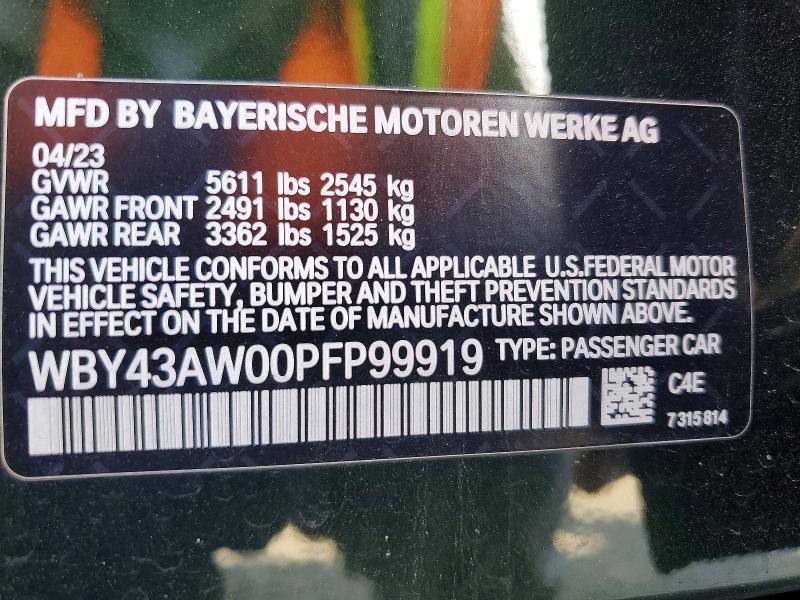 2023 Bmw I4 მანქანა იყიდება აუქციონზე, vin: WBY43AW00PFP99919, აუქციონის ნომერი: 49172716