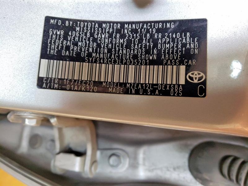 Aukcja sprzedaży 2020 Toyota Corolla, vin: 5YFS4RCE3LP035201, numer aukcji: 49319856