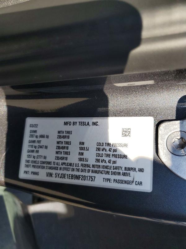 49460446 :رقم المزاد ، 5YJ3E1EB9NF201757 vin ، 2022 Tesla Model 3 مزاد بيع