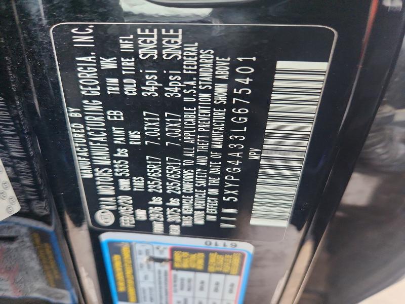 50360216 :رقم المزاد ، 5XYPG4A33LG675401 vin ، 2020 Kia Sorento مزاد بيع