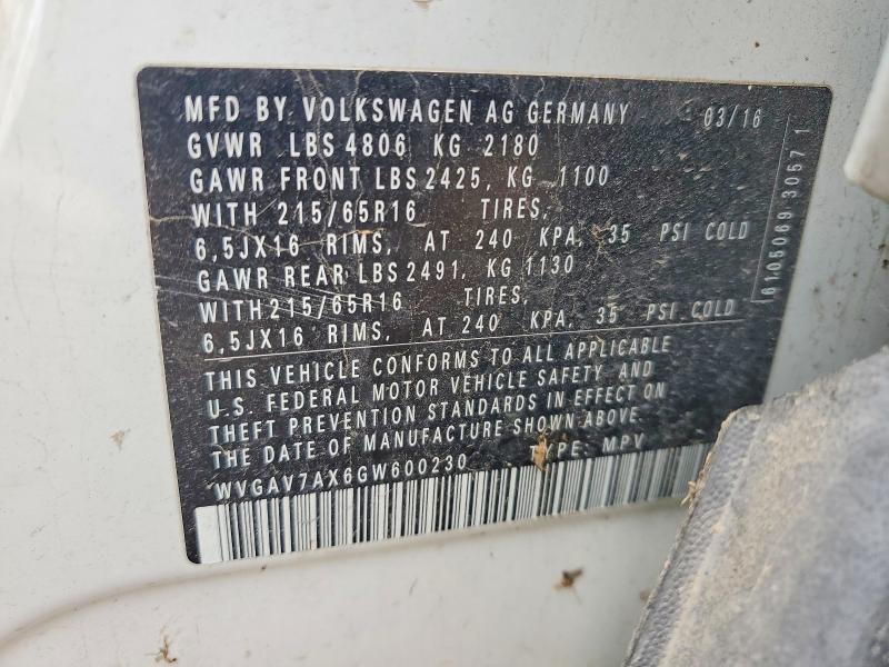 Aukcja sprzedaży 2016 Volkswagen Tiguan, vin: WVGAV7AX6GW600230, numer aukcji: 50304566