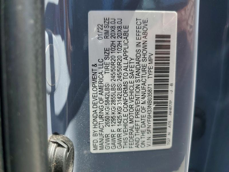 49946626 :رقم المزاد ، 5FNYF6H33NB035871 vin ، 2022 Honda Pilot مزاد بيع