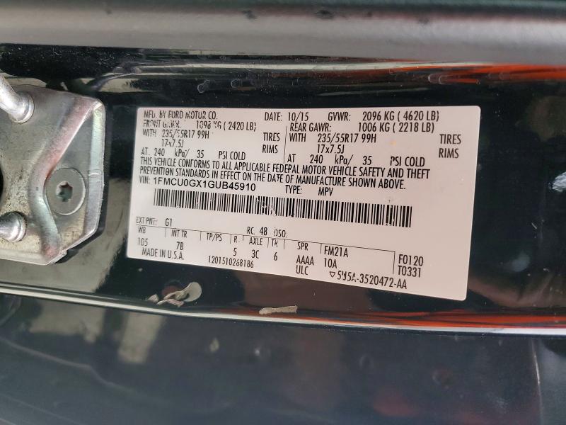 51033156 :رقم المزاد ، 1FMCU0GX1GUB45910 vin ، 2016 Ford Escape مزاد بيع
